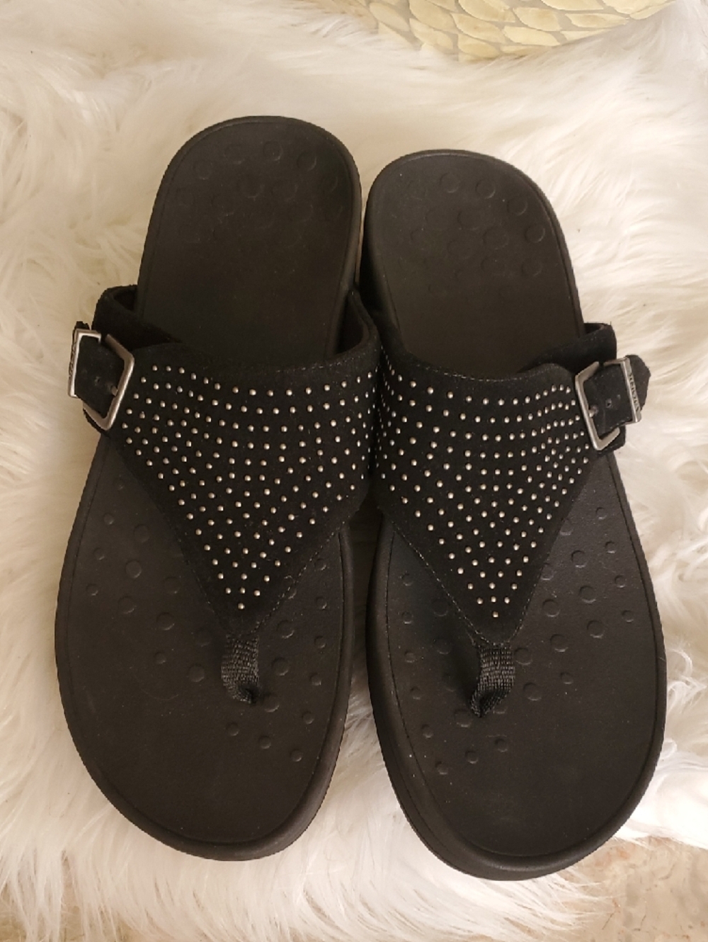 Vionic Black Studded Suede Toe-Post Sandals - Picture 2 of 14
